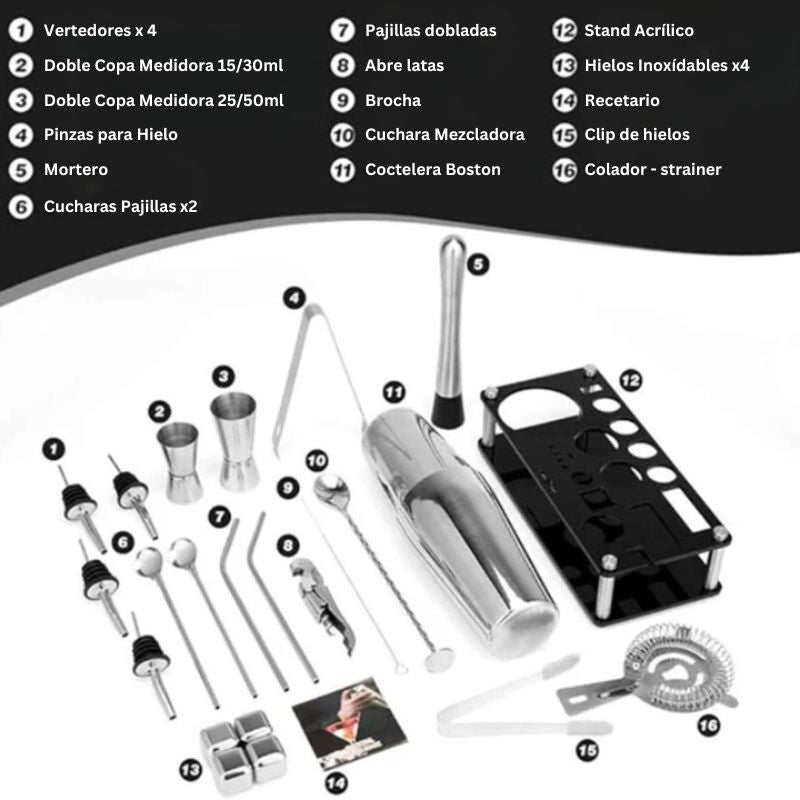 SET DE COCTELERIA EN ACERO INOXIDABLE DE 16 PIEZAS