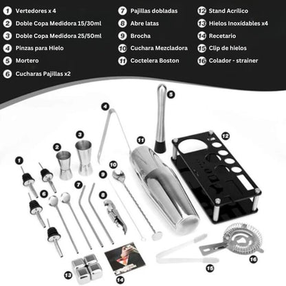 SET DE COCTELERIA EN ACERO INOXIDABLE DE 16 PIEZAS